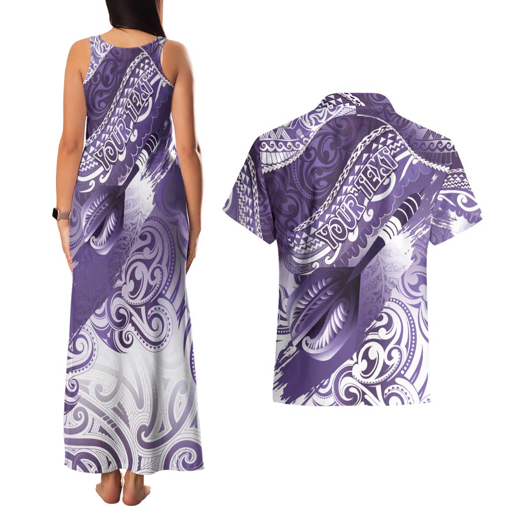 Personalised New Zealand Aotearoa Darts Masters Couples Matching Tank Maxi Dress and Hawaiian Shirt Maori Art Tattoo with Tribal Dart Symbol Purple - Polynesian Pride