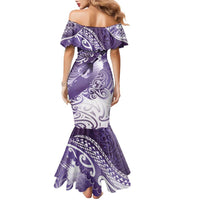 Personalised New Zealand Aotearoa Darts Masters Family Matching Mermaid Dress and Hawaiian Shirt Maori Art Tattoo with Tribal Dart Symbol Purple - Polynesian Pride