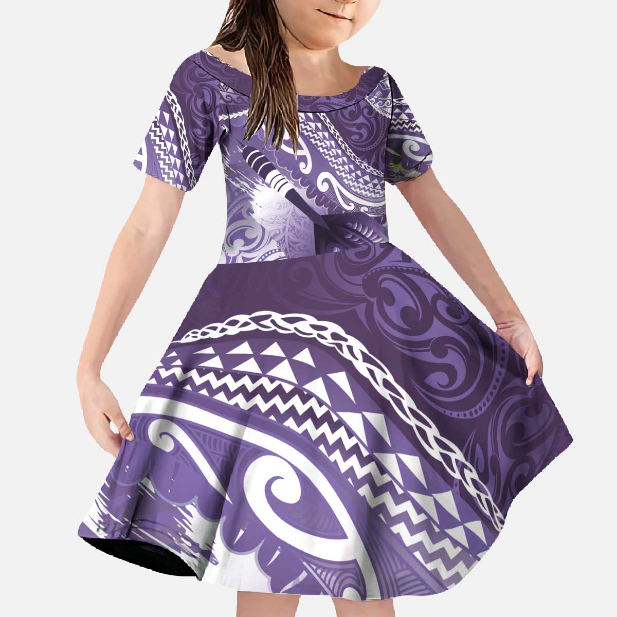 Personalised New Zealand Aotearoa Darts Masters Family Matching Off The Shoulder Long Sleeve Dress and Hawaiian Shirt Maori Art Tattoo with Tribal Dart Symbol Purple - Polynesian Pride