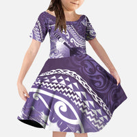 Personalised New Zealand Aotearoa Darts Masters Family Matching Off The Shoulder Long Sleeve Dress and Hawaiian Shirt Maori Art Tattoo with Tribal Dart Symbol Purple - Polynesian Pride
