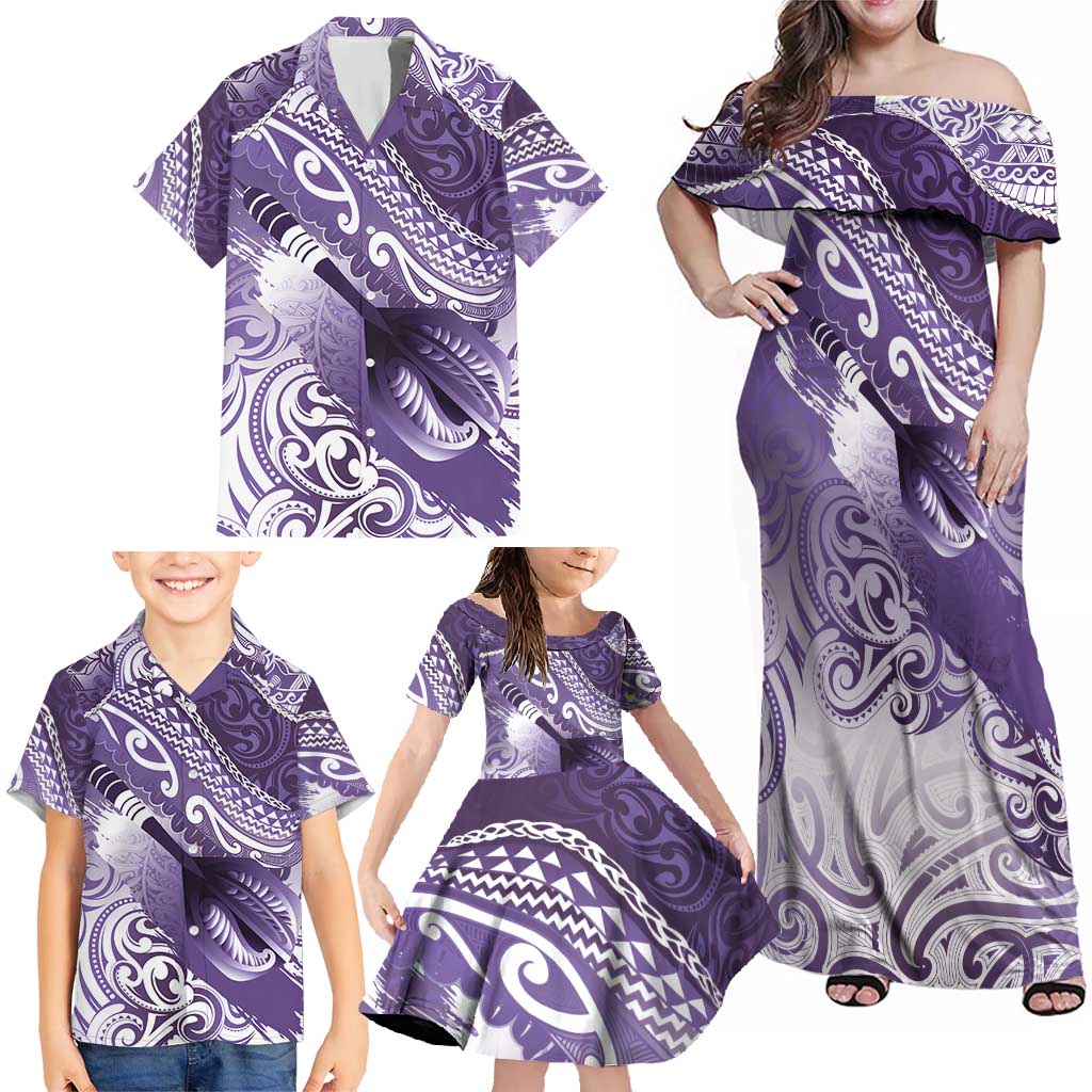 Personalised New Zealand Aotearoa Darts Masters Family Matching Off Shoulder Maxi Dress and Hawaiian Shirt Maori Art Tattoo with Tribal Dart Symbol Purple - Polynesian Pride