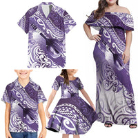Personalised New Zealand Aotearoa Darts Masters Family Matching Off Shoulder Maxi Dress and Hawaiian Shirt Maori Art Tattoo with Tribal Dart Symbol Purple - Polynesian Pride