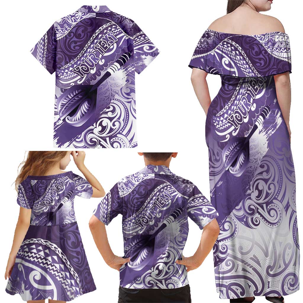 Personalised New Zealand Aotearoa Darts Masters Family Matching Off Shoulder Maxi Dress and Hawaiian Shirt Maori Art Tattoo with Tribal Dart Symbol Purple - Polynesian Pride