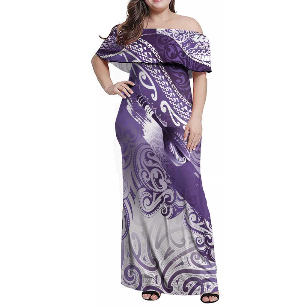 Personalised New Zealand Aotearoa Darts Masters Family Matching Off Shoulder Maxi Dress and Hawaiian Shirt Maori Art Tattoo with Tribal Dart Symbol Purple - Polynesian Pride