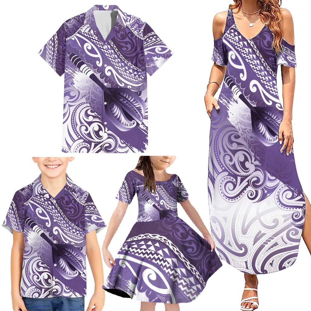Personalised New Zealand Aotearoa Darts Masters Family Matching Summer Maxi Dress and Hawaiian Shirt Maori Art Tattoo with Tribal Dart Symbol Purple - Polynesian Pride
