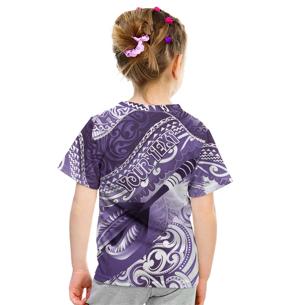 Personalised New Zealand Aotearoa Darts Masters Kid T Shirt Maori Art Tattoo with Tribal Dart Symbol Purple - Polynesian Pride