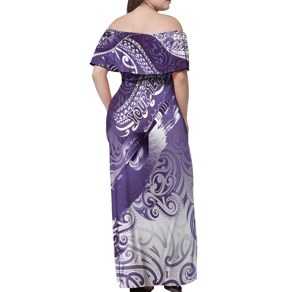 Personalised New Zealand Aotearoa Darts Masters Off Shoulder Maxi Dress Maori Art Tattoo with Tribal Dart Symbol Purple - Polynesian Pride
