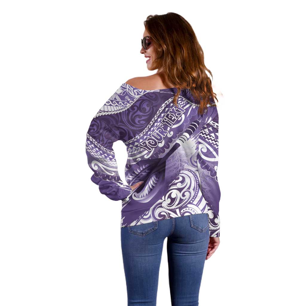 Personalised New Zealand Aotearoa Darts Masters Off Shoulder Sweater Maori Art Tattoo with Tribal Dart Symbol Purple - Polynesian Pride