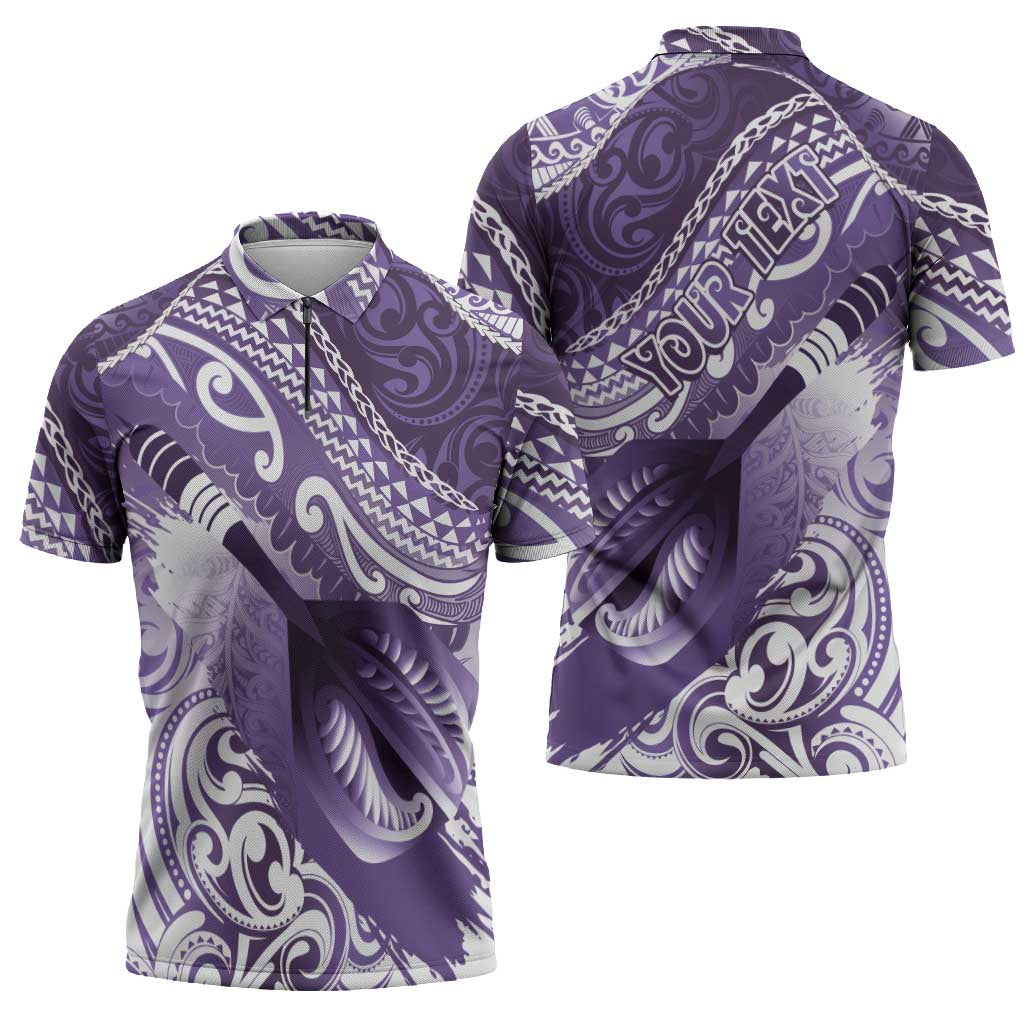 Personalised New Zealand Aotearoa Darts Masters Zipper Polo Shirt Maori Art Tattoo with Tribal Dart Symbol Purple - Polynesian Pride