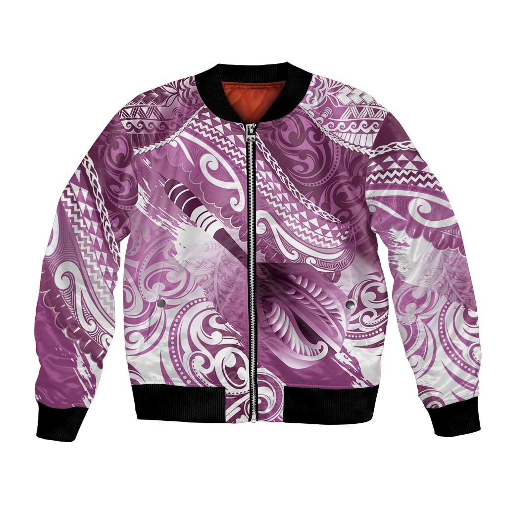 Personalised New Zealand Aotearoa Darts Masters Bomber Jacket Maori Art Tattoo with Tribal Dart Symbol Pink - Polynesian Pride
