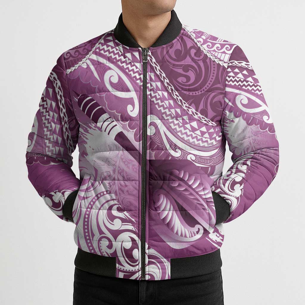 Personalised New Zealand Aotearoa Darts Masters Bomber Puffer Jacket Maori Art Tattoo with Tribal Dart Symbol Pink - Polynesian Pride