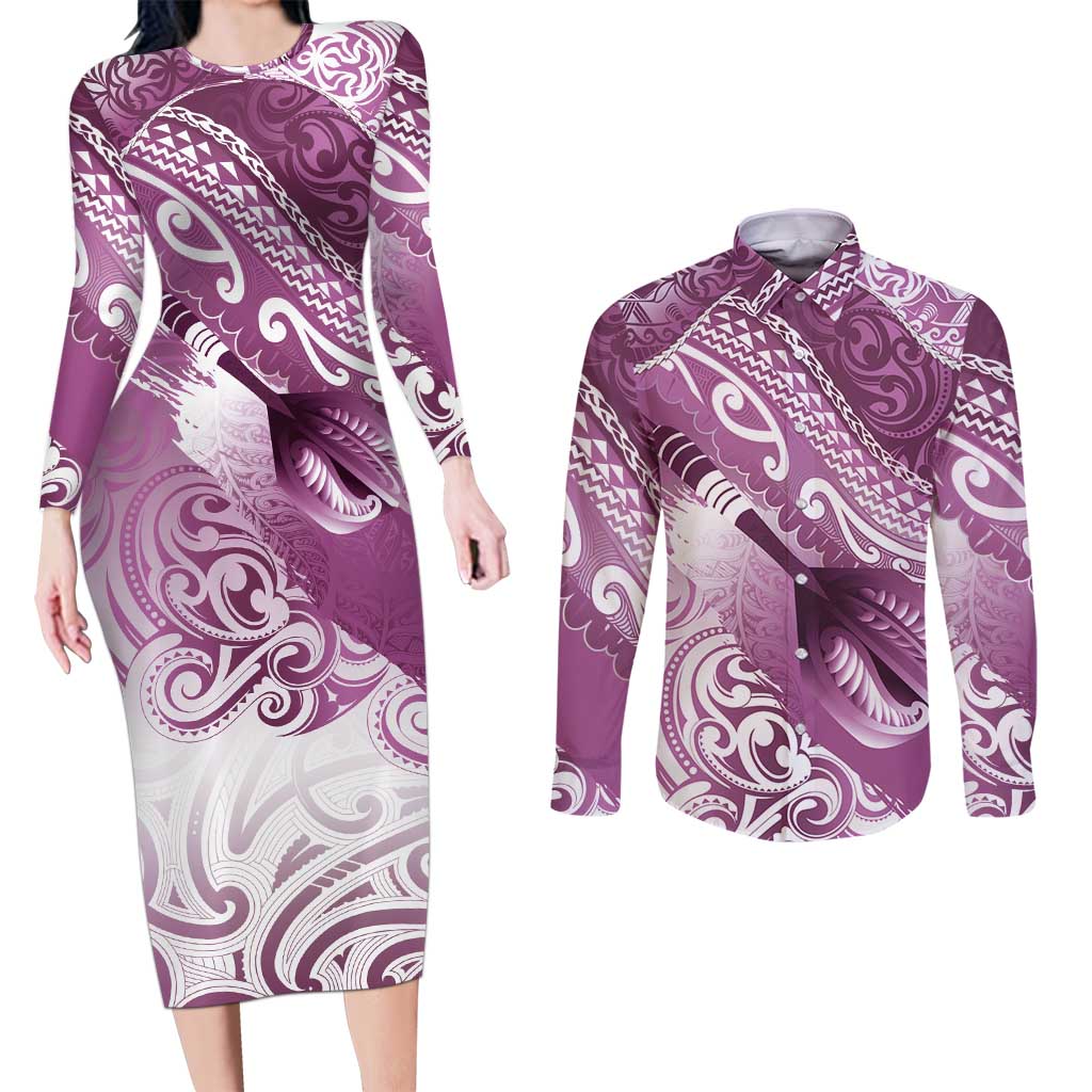 Personalised New Zealand Aotearoa Darts Masters Couples Matching Long Sleeve Bodycon Dress and Long Sleeve Button Shirt Maori Art Tattoo with Tribal Dart Symbol Pink - Polynesian Pride