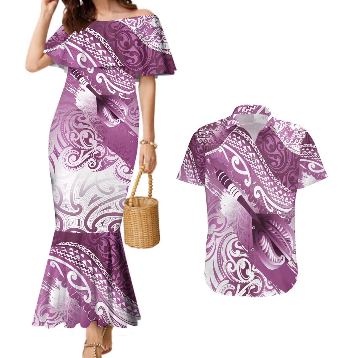 Personalised New Zealand Aotearoa Darts Masters Couples Matching Mermaid Dress and Hawaiian Shirt Maori Art Tattoo with Tribal Dart Symbol Pink - Polynesian Pride