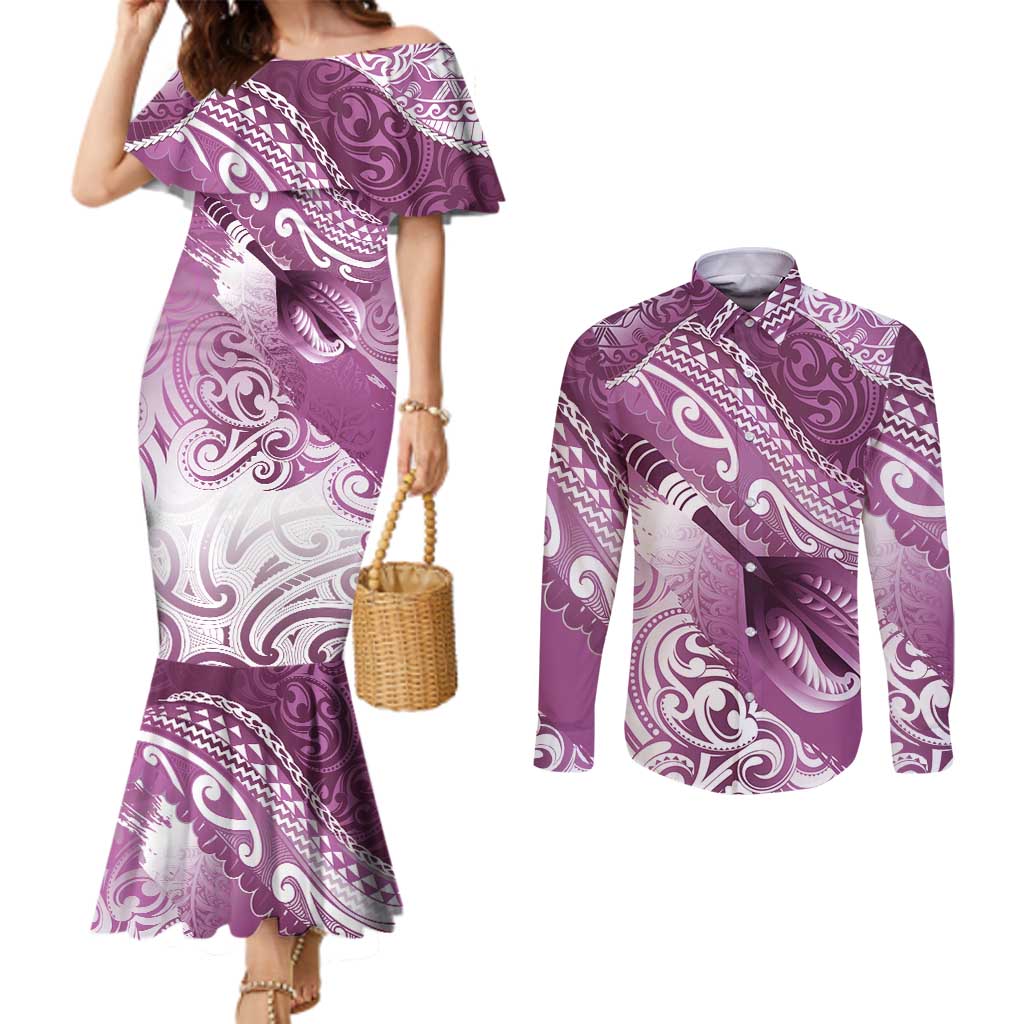 Personalised New Zealand Aotearoa Darts Masters Couples Matching Mermaid Dress and Long Sleeve Button Shirt Maori Art Tattoo with Tribal Dart Symbol Pink - Polynesian Pride