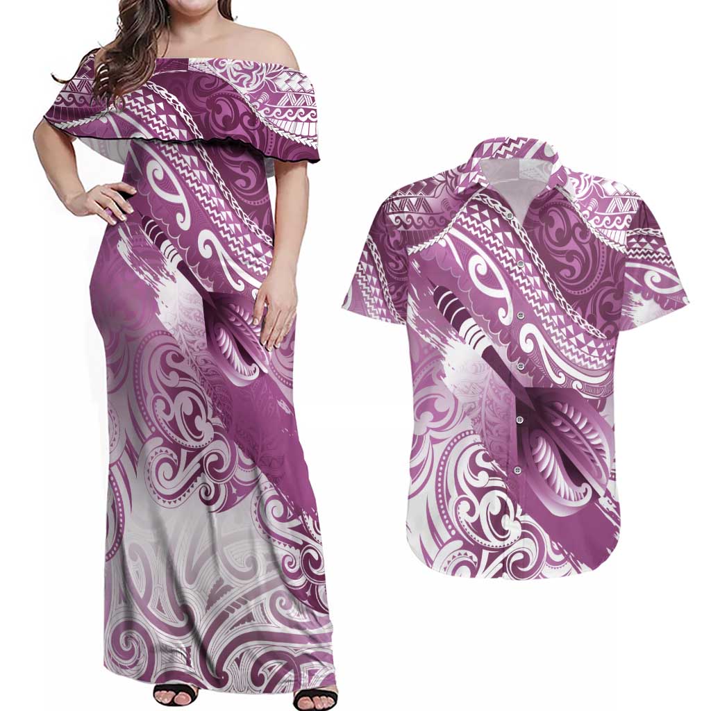 Personalised New Zealand Aotearoa Darts Masters Couples Matching Off Shoulder Maxi Dress and Hawaiian Shirt Maori Art Tattoo with Tribal Dart Symbol Pink - Polynesian Pride
