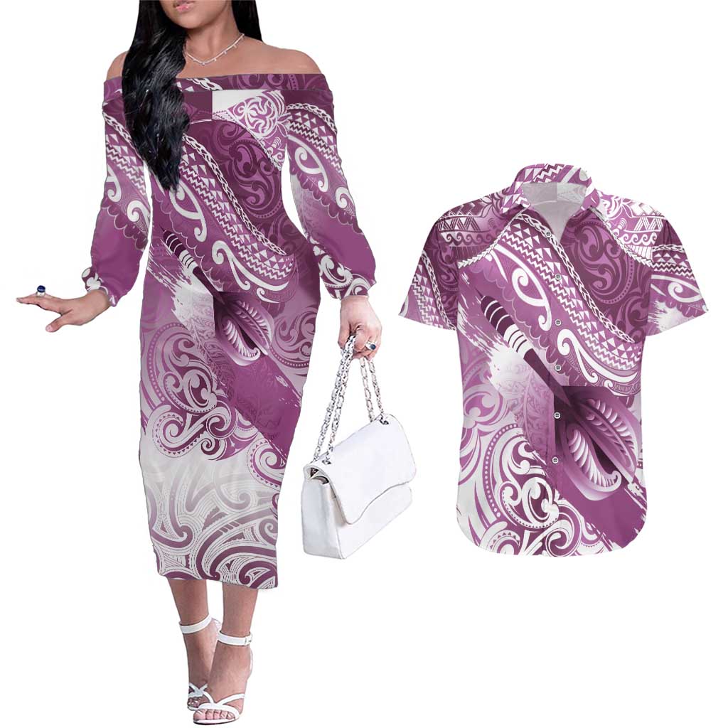 Personalised New Zealand Aotearoa Darts Masters Couples Matching Off The Shoulder Long Sleeve Dress and Hawaiian Shirt Maori Art Tattoo with Tribal Dart Symbol Pink - Polynesian Pride