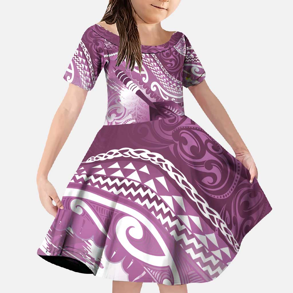 Personalised New Zealand Aotearoa Darts Masters Family Matching Off Shoulder Maxi Dress and Hawaiian Shirt Maori Art Tattoo with Tribal Dart Symbol Pink - Polynesian Pride