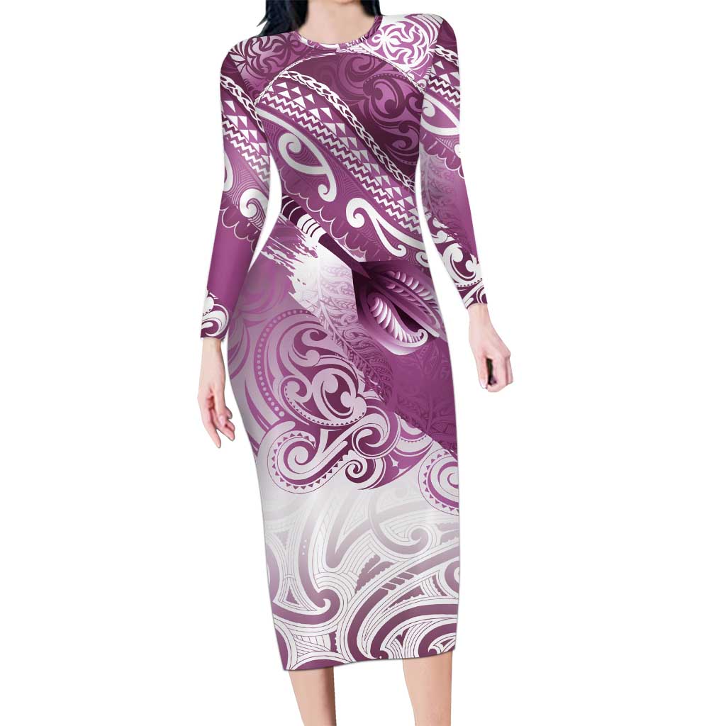 Personalised New Zealand Aotearoa Darts Masters Long Sleeve Bodycon Dress Maori Art Tattoo with Tribal Dart Symbol Pink - Polynesian Pride