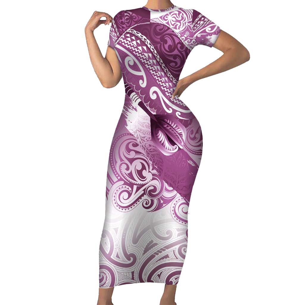 Personalised New Zealand Aotearoa Darts Masters Short Sleeve Bodycon Dress Maori Art Tattoo with Tribal Dart Symbol Pink - Polynesian Pride