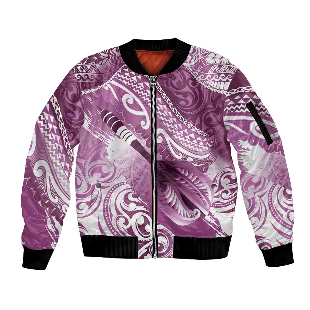 Personalised New Zealand Aotearoa Darts Masters Sleeve Zip Bomber Jacket Maori Art Tattoo with Tribal Dart Symbol Pink - Polynesian Pride