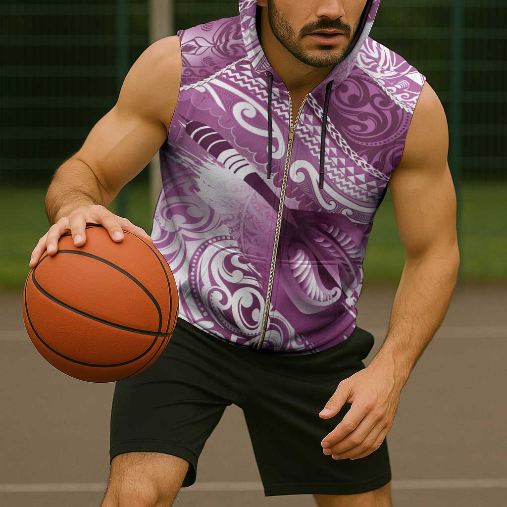 Personalised New Zealand Aotearoa Darts Masters Sleeveless Zip Hoodie Maori Art Tattoo with Tribal Dart Symbol Pink - Polynesian Pride