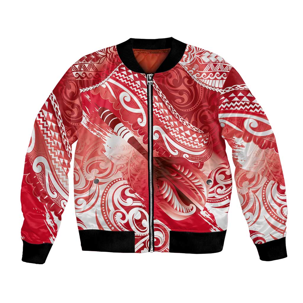 Personalised New Zealand Aotearoa Darts Masters Bomber Jacket Maori Art Tattoo with Tribal Dart Symbol Red - Polynesian Pride