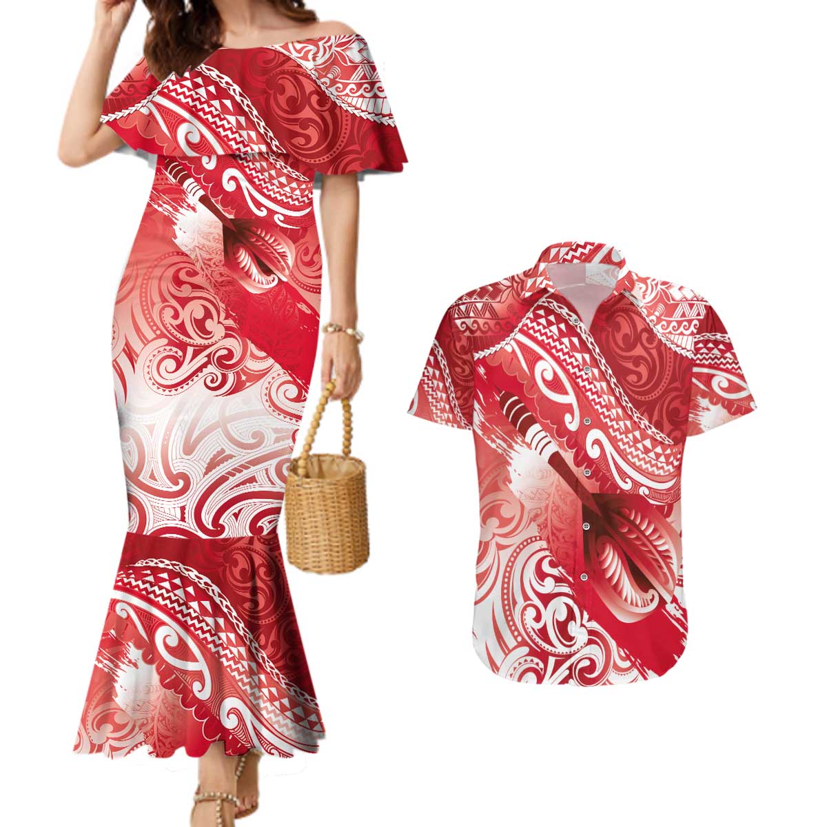Personalised New Zealand Aotearoa Darts Masters Couples Matching Mermaid Dress and Hawaiian Shirt Maori Art Tattoo with Tribal Dart Symbol Red - Polynesian Pride