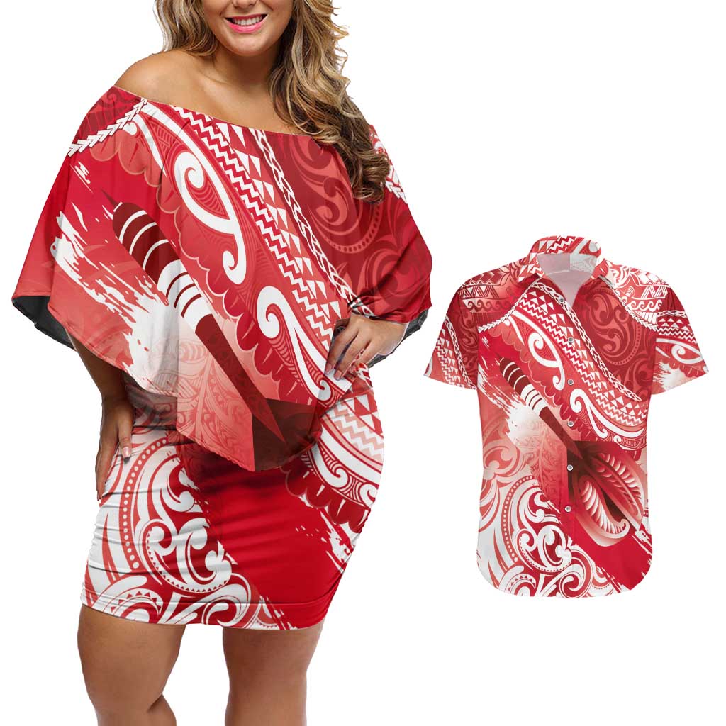 Personalised New Zealand Aotearoa Darts Masters Couples Matching Off Shoulder Short Dress and Hawaiian Shirt Maori Art Tattoo with Tribal Dart Symbol Red - Polynesian Pride