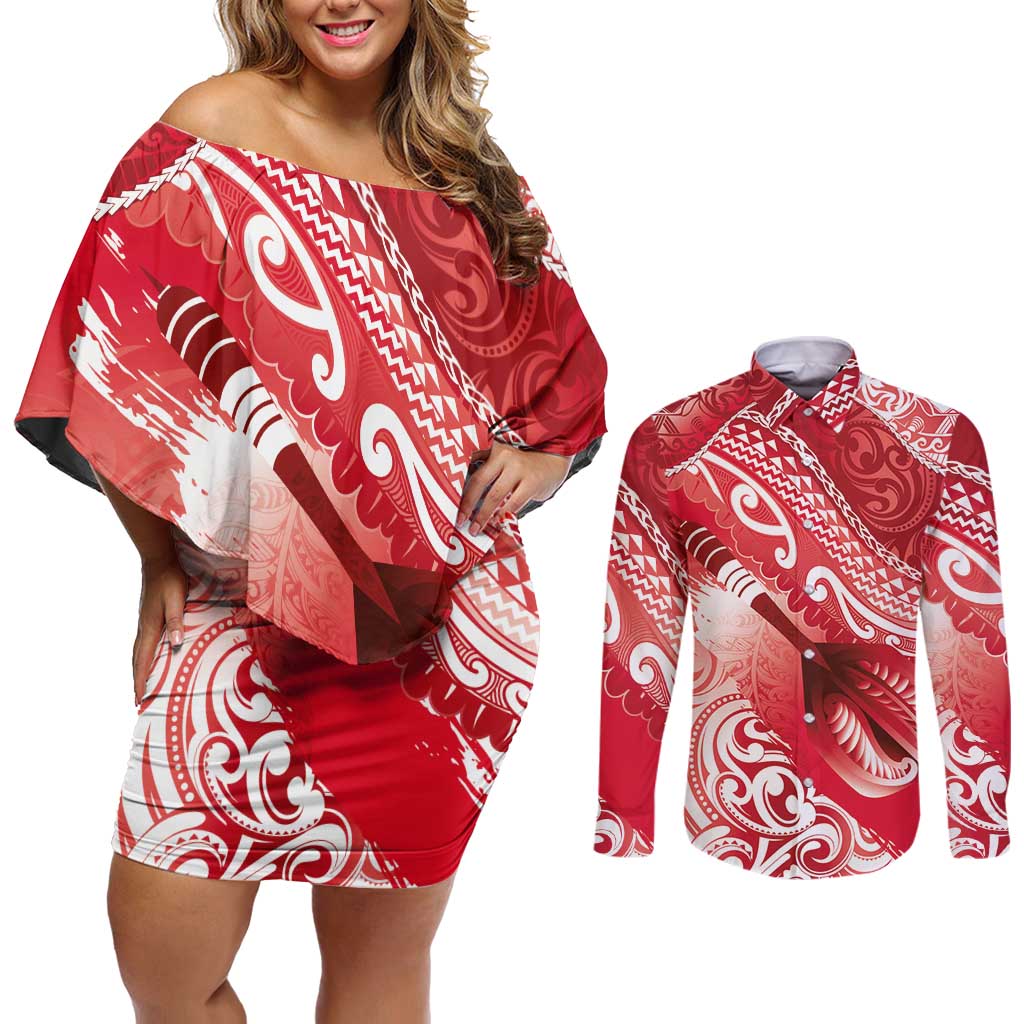 Personalised New Zealand Aotearoa Darts Masters Couples Matching Off Shoulder Short Dress and Long Sleeve Button Shirt Maori Art Tattoo with Tribal Dart Symbol Red - Polynesian Pride