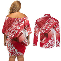 Personalised New Zealand Aotearoa Darts Masters Couples Matching Off Shoulder Short Dress and Long Sleeve Button Shirt Maori Art Tattoo with Tribal Dart Symbol Red - Polynesian Pride