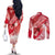 Personalised New Zealand Aotearoa Darts Masters Couples Matching Off The Shoulder Long Sleeve Dress and Long Sleeve Button Shirt Maori Art Tattoo with Tribal Dart Symbol Red - Polynesian Pride