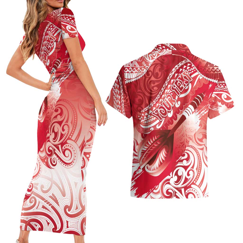 Personalised New Zealand Aotearoa Darts Masters Couples Matching Short Sleeve Bodycon Dress and Hawaiian Shirt Maori Art Tattoo with Tribal Dart Symbol Red - Polynesian Pride