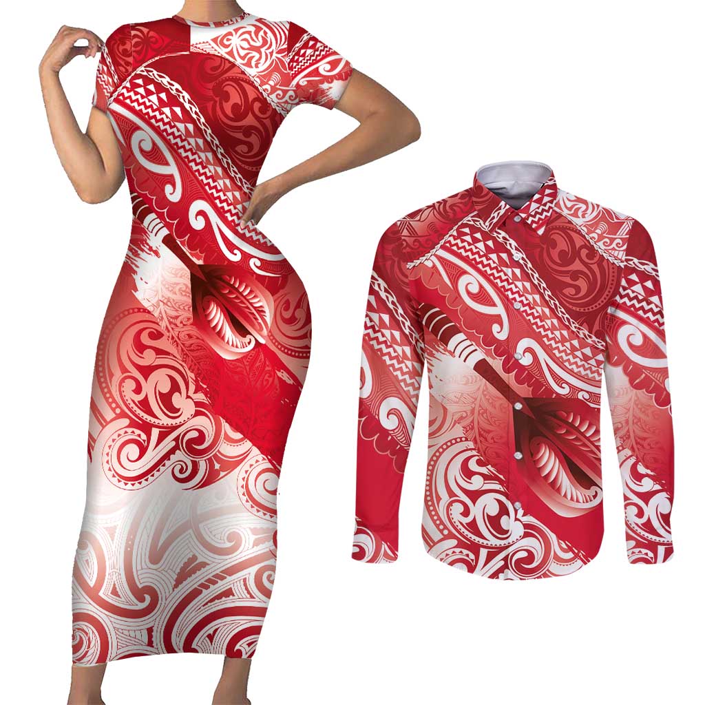 Personalised New Zealand Aotearoa Darts Masters Couples Matching Short Sleeve Bodycon Dress and Long Sleeve Button Shirt Maori Art Tattoo with Tribal Dart Symbol Red - Polynesian Pride