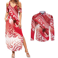 Personalised New Zealand Aotearoa Darts Masters Couples Matching Summer Maxi Dress and Long Sleeve Button Shirt Maori Art Tattoo with Tribal Dart Symbol Red - Polynesian Pride