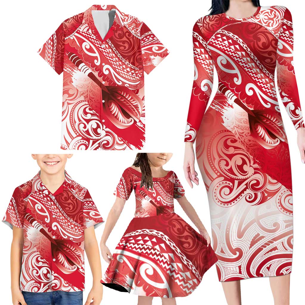 Personalised New Zealand Aotearoa Darts Masters Family Matching Long Sleeve Bodycon Dress and Hawaiian Shirt Maori Art Tattoo with Tribal Dart Symbol Red - Polynesian Pride