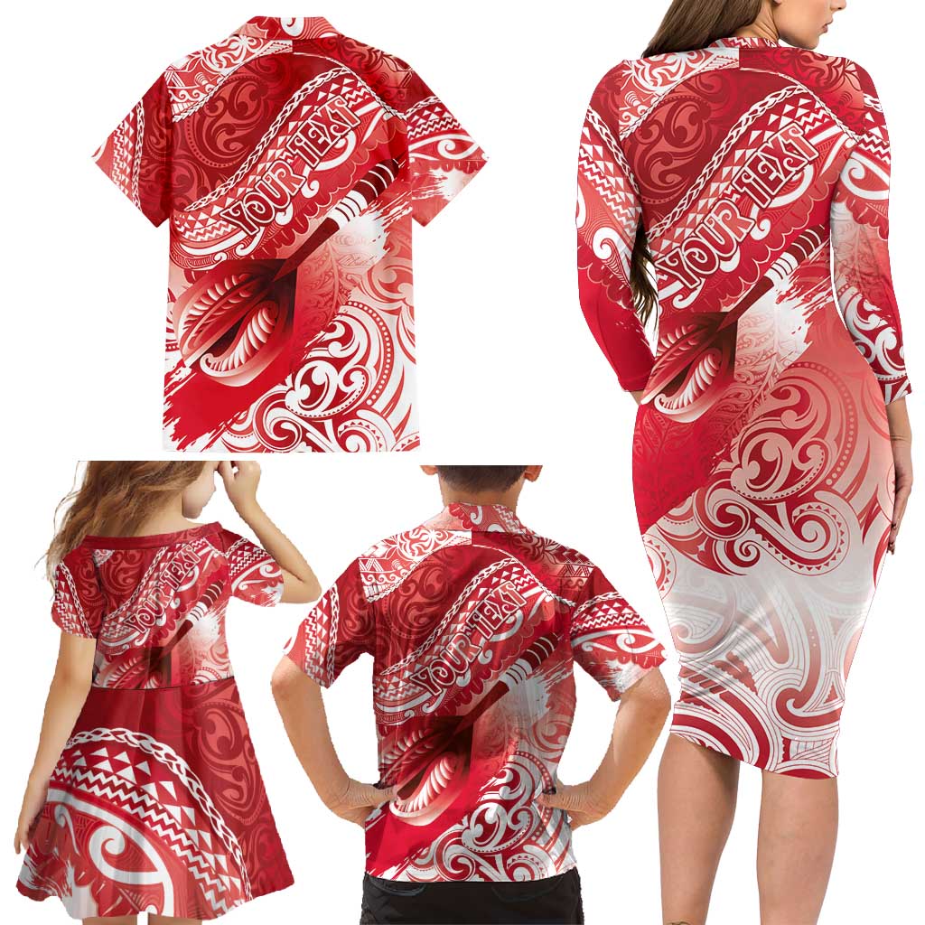 Personalised New Zealand Aotearoa Darts Masters Family Matching Long Sleeve Bodycon Dress and Hawaiian Shirt Maori Art Tattoo with Tribal Dart Symbol Red - Polynesian Pride