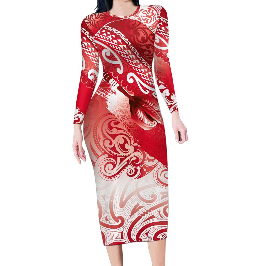 Personalised New Zealand Aotearoa Darts Masters Family Matching Long Sleeve Bodycon Dress and Hawaiian Shirt Maori Art Tattoo with Tribal Dart Symbol Red - Polynesian Pride