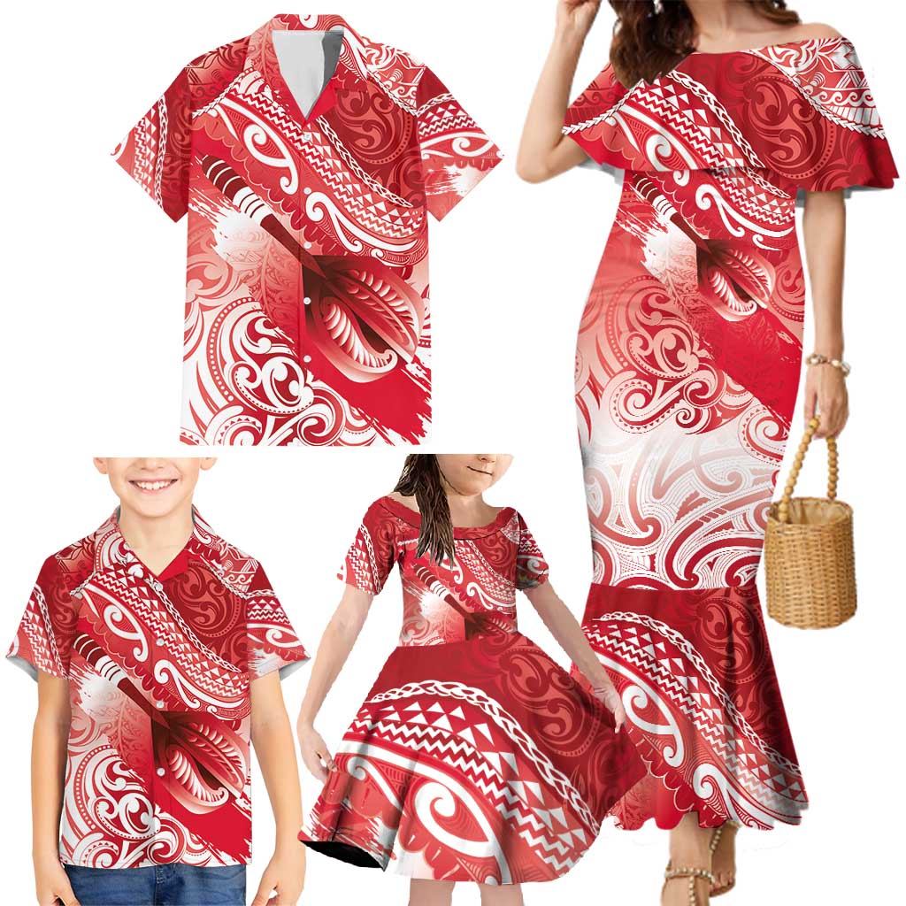 Personalised New Zealand Aotearoa Darts Masters Family Matching Mermaid Dress and Hawaiian Shirt Maori Art Tattoo with Tribal Dart Symbol Red - Polynesian Pride