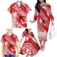 Personalised New Zealand Aotearoa Darts Masters Family Matching Off The Shoulder Long Sleeve Dress and Hawaiian Shirt Maori Art Tattoo with Tribal Dart Symbol Red - Polynesian Pride