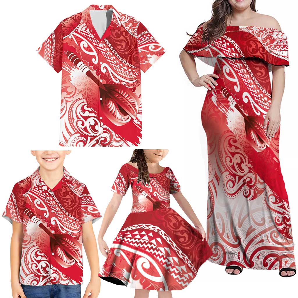 Personalised New Zealand Aotearoa Darts Masters Family Matching Off Shoulder Maxi Dress and Hawaiian Shirt Maori Art Tattoo with Tribal Dart Symbol Red - Polynesian Pride
