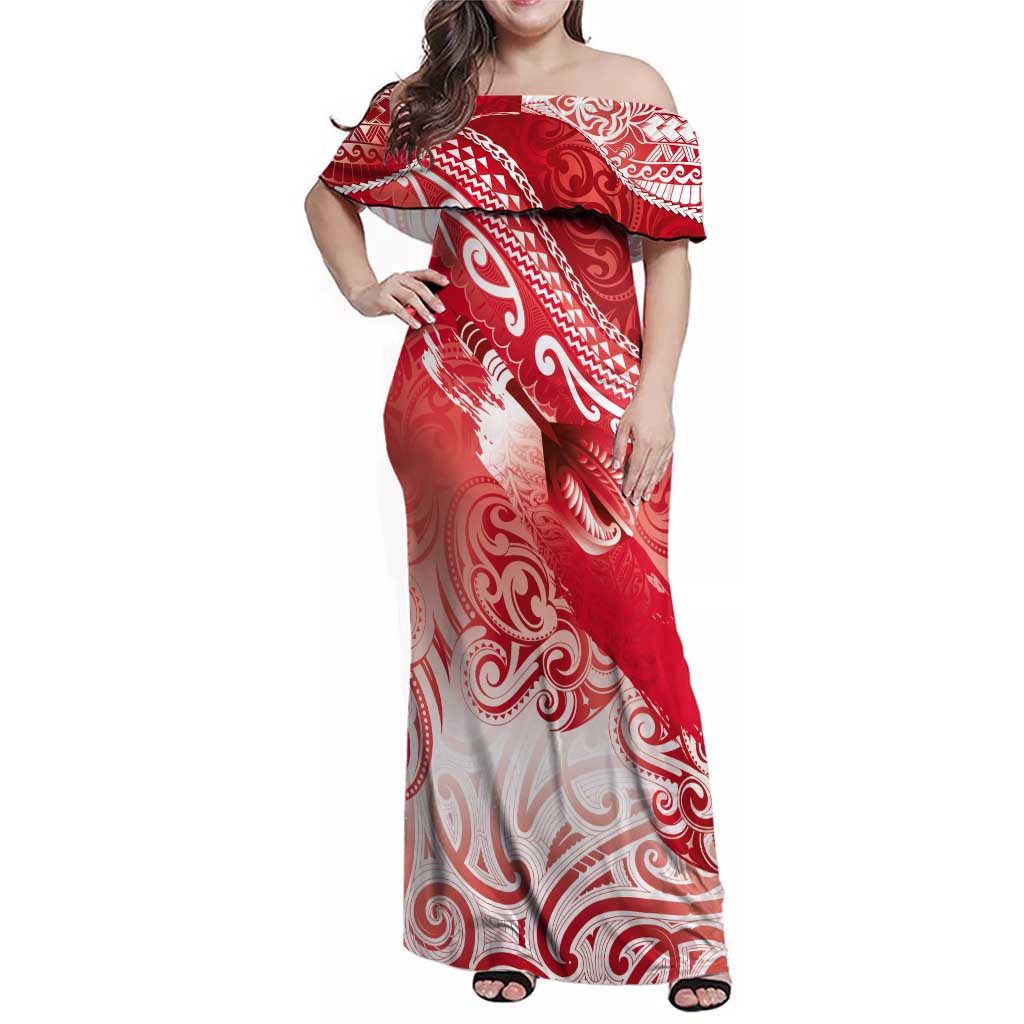Personalised New Zealand Aotearoa Darts Masters Family Matching Off Shoulder Maxi Dress and Hawaiian Shirt Maori Art Tattoo with Tribal Dart Symbol Red - Polynesian Pride