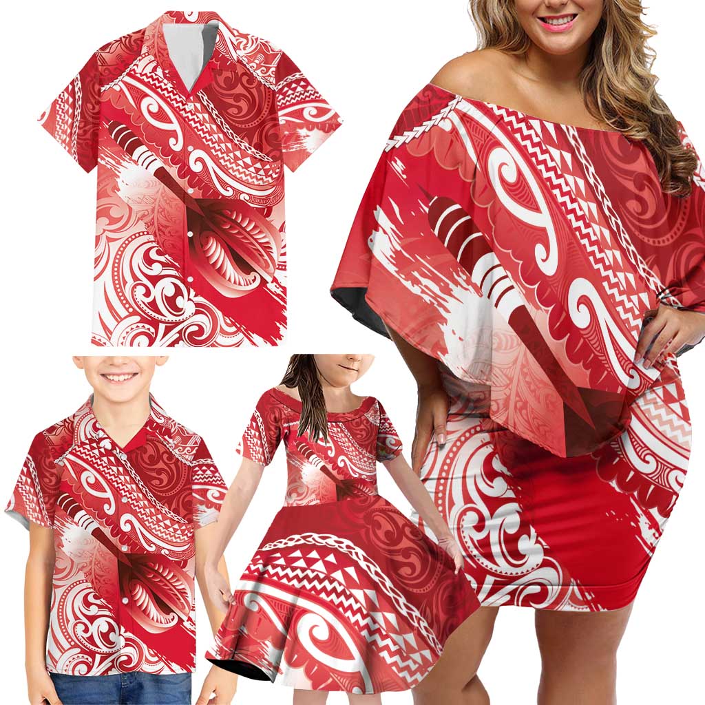 Personalised New Zealand Aotearoa Darts Masters Family Matching Off Shoulder Short Dress and Hawaiian Shirt Maori Art Tattoo with Tribal Dart Symbol Red - Polynesian Pride