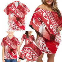 Personalised New Zealand Aotearoa Darts Masters Family Matching Off Shoulder Short Dress and Hawaiian Shirt Maori Art Tattoo with Tribal Dart Symbol Red - Polynesian Pride