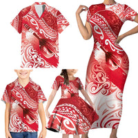 Personalised New Zealand Aotearoa Darts Masters Family Matching Short Sleeve Bodycon Dress and Hawaiian Shirt Maori Art Tattoo with Tribal Dart Symbol Red - Polynesian Pride