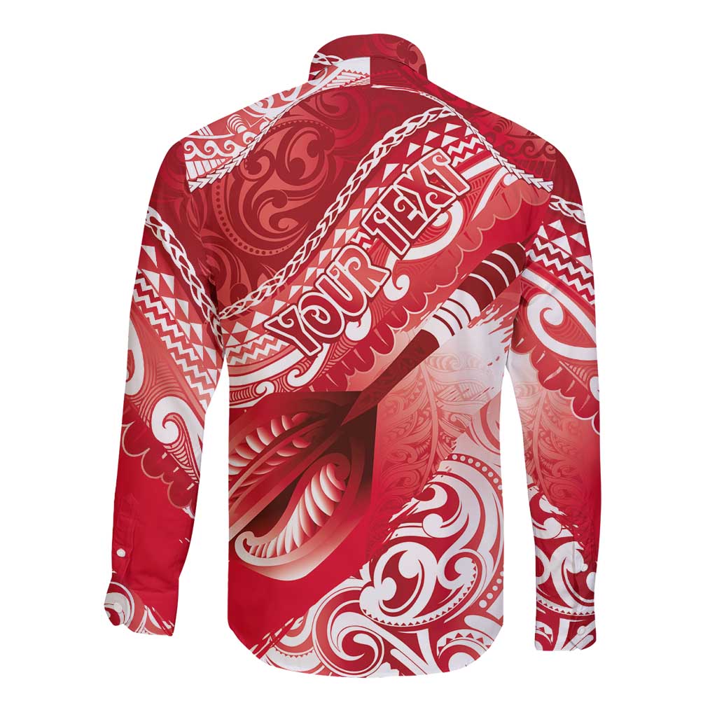 Personalised New Zealand Aotearoa Darts Masters Long Sleeve Button Shirt Maori Art Tattoo with Tribal Dart Symbol Red - Polynesian Pride