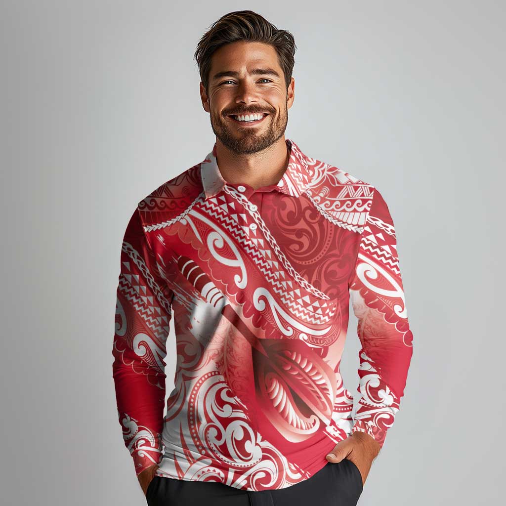 Personalised New Zealand Aotearoa Darts Masters Long Sleeve Polo Shirt Maori Art Tattoo with Tribal Dart Symbol Red - Polynesian Pride