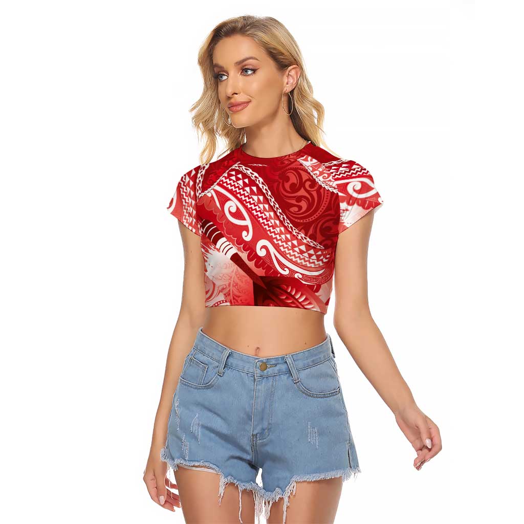 Personalised New Zealand Aotearoa Darts Masters Raglan Cropped T Shirt Maori Art Tattoo with Tribal Dart Symbol Red - Polynesian Pride
