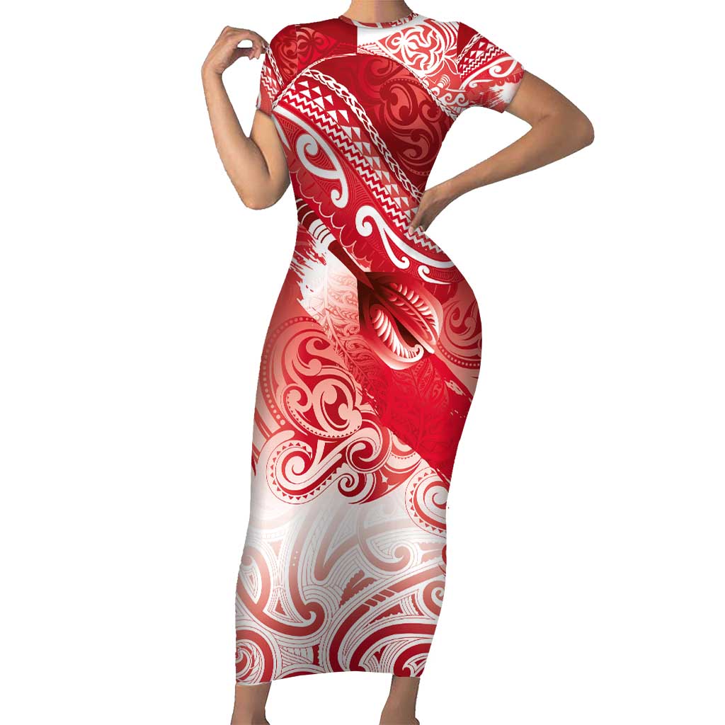 Personalised New Zealand Aotearoa Darts Masters Short Sleeve Bodycon Dress Maori Art Tattoo with Tribal Dart Symbol Red - Polynesian Pride