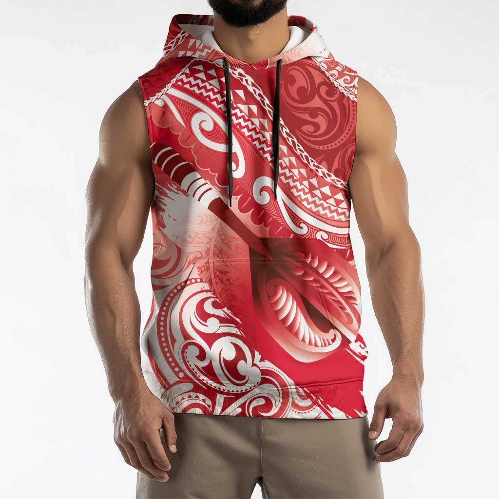 Personalised New Zealand Aotearoa Darts Masters Sleeveless Hoodie Maori Art Tattoo with Tribal Dart Symbol Red - Polynesian Pride