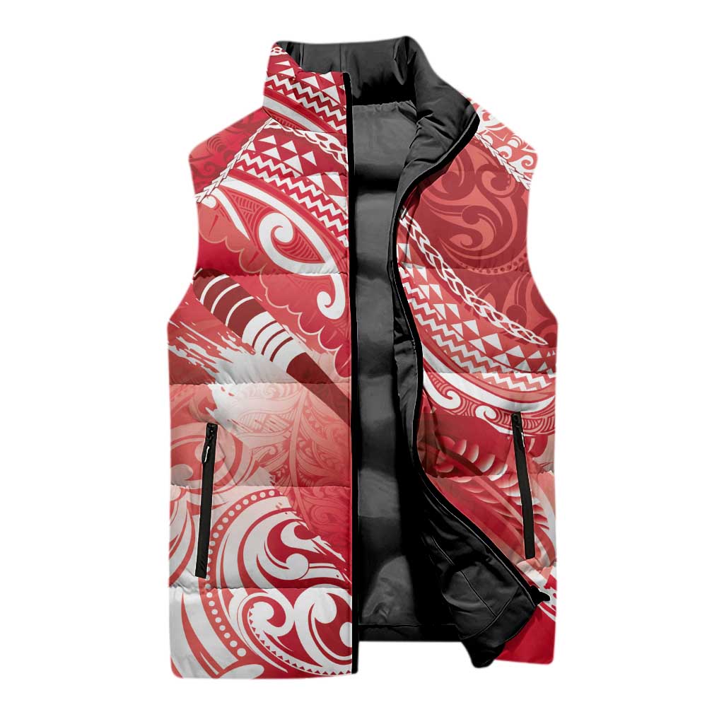Personalised New Zealand Aotearoa Darts Masters Sleeveless Puffer Jacket Maori Art Tattoo with Tribal Dart Symbol Red - Polynesian Pride